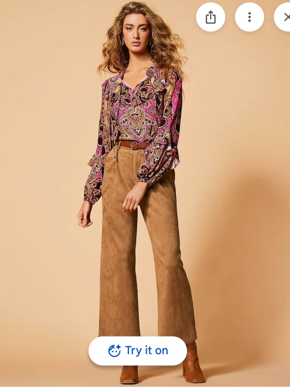 NWOT High-Rise Wide-Leg Faux Suede Pleated Pant in Caramel with Belt~6
